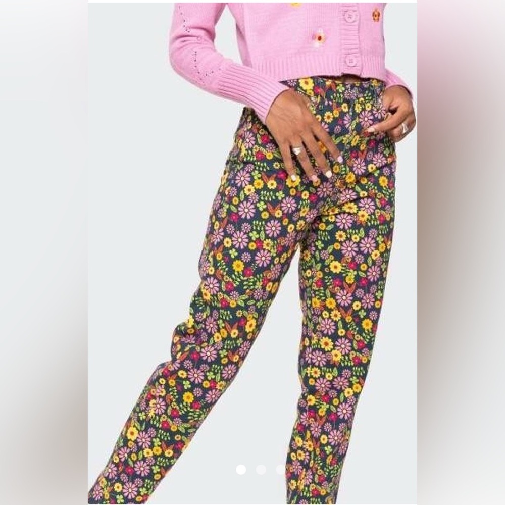 Minga London Vibrant Pink and Yellow floral print Skinny Jeans‎ size 0